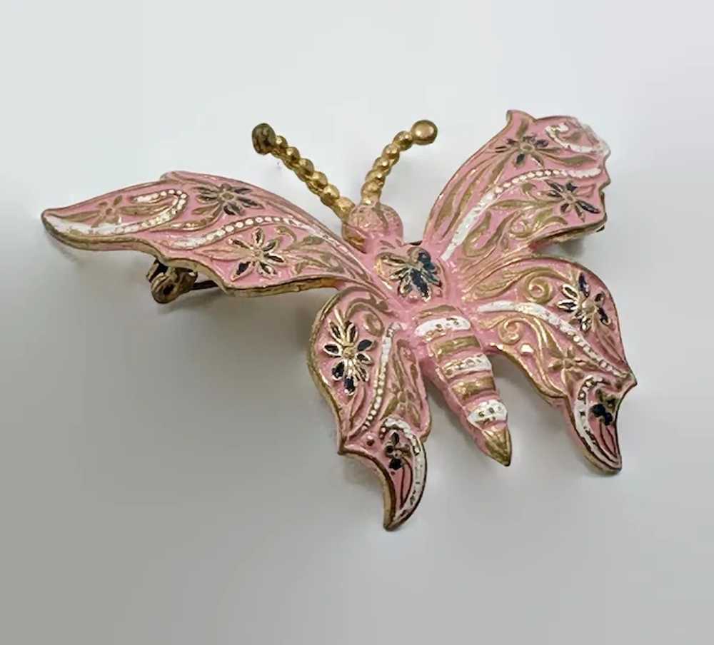 Damascene Butterfly Brooch, Pink Enamel, Gold, Wh… - image 2