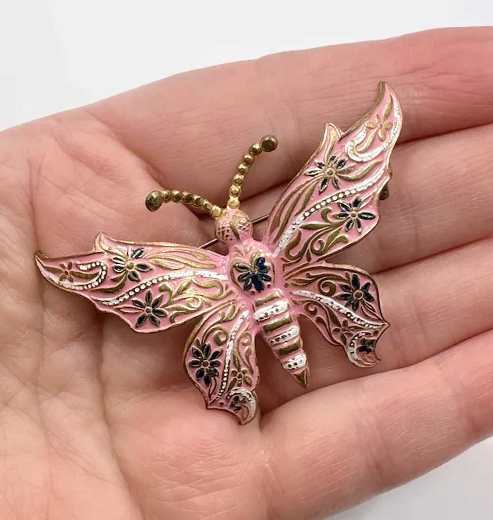 Damascene Butterfly Brooch, Pink Enamel, Gold, Wh… - image 3