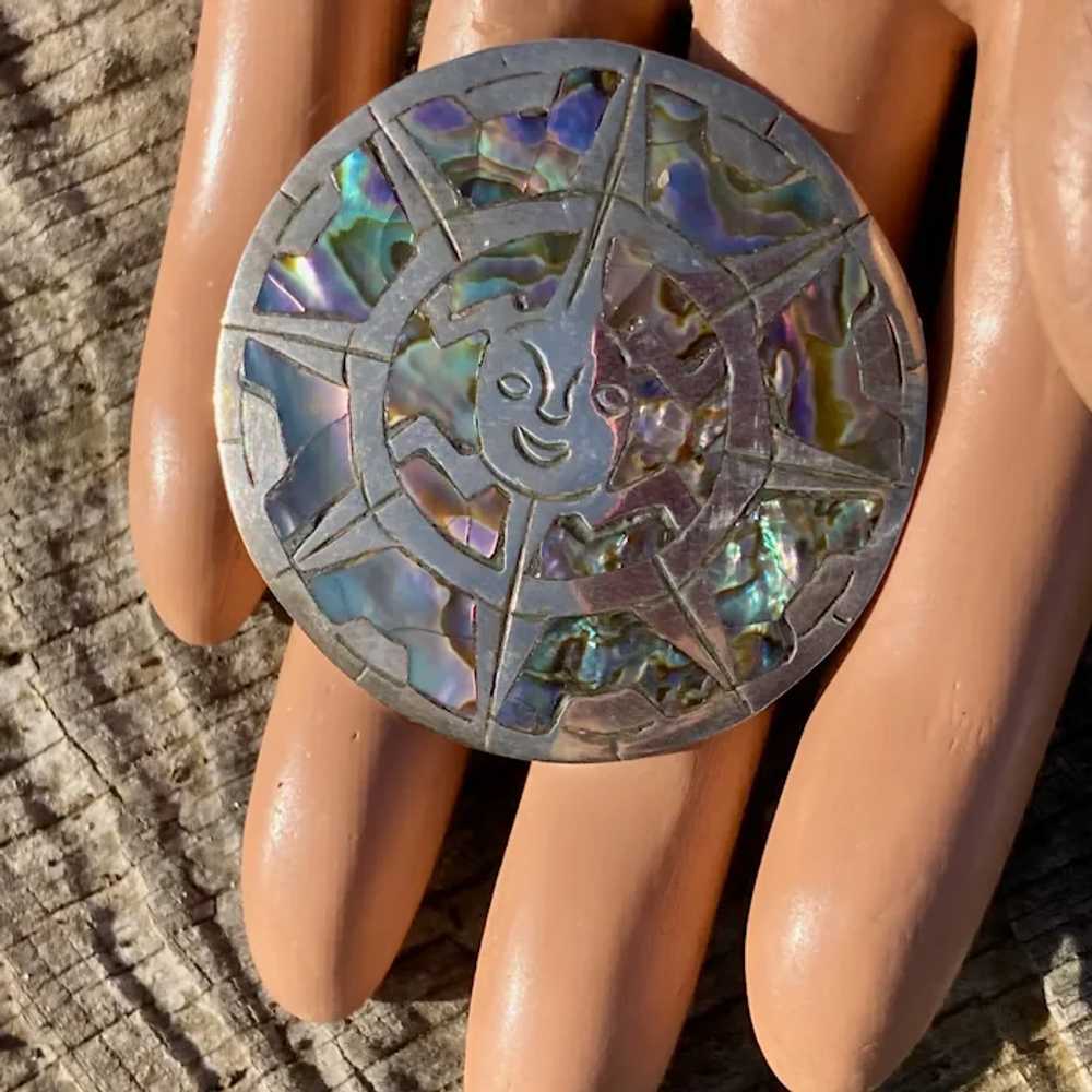 Sterling Taxco Aztec Sun Inlay Abalone Pin Pendant - image 2