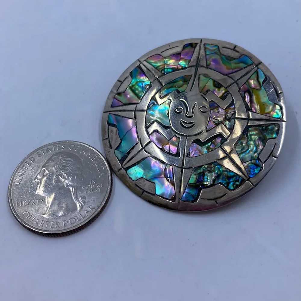 Sterling Taxco Aztec Sun Inlay Abalone Pin Pendant - image 7