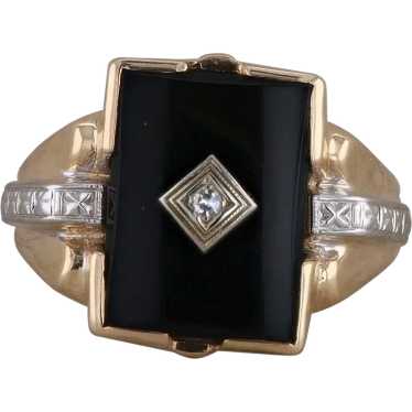 10k Two Tone Onyx and Diamond Ring