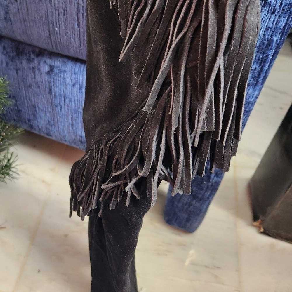 Black Suede Over The Knee To Thigh Fringed Boot 6 - image 12