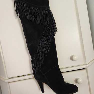 Black Suede Over The Knee To Thigh Fringed Boot 6 - image 1