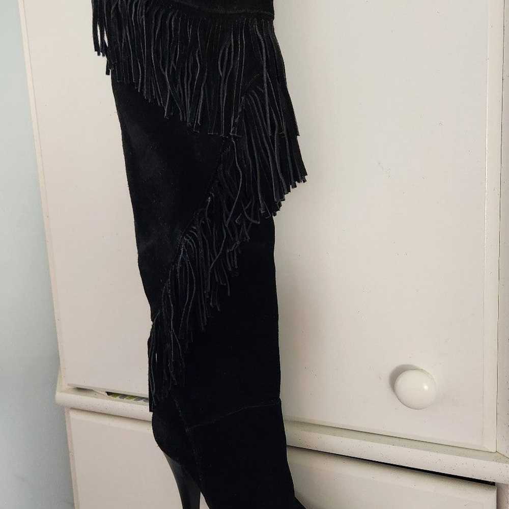 Black Suede Over The Knee To Thigh Fringed Boot 6 - image 5