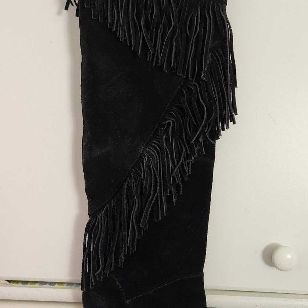 Black Suede Over The Knee To Thigh Fringed Boot 6 - image 6