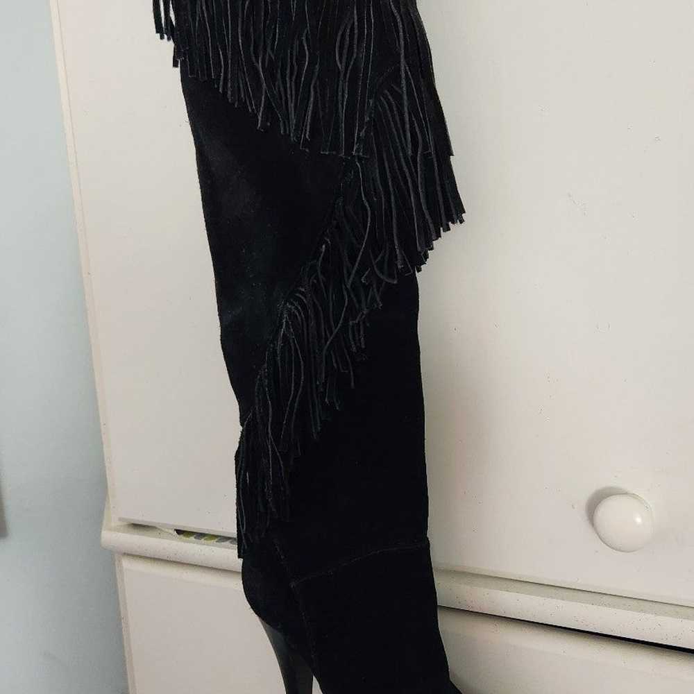 Black Suede Over The Knee To Thigh Fringed Boot 6 - image 7
