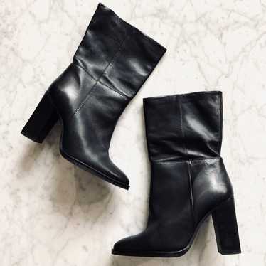 Black Fur Lined Stacked Heeled Leather Boots Mass… - image 1