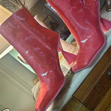 Hot pink leather geometric heel boots