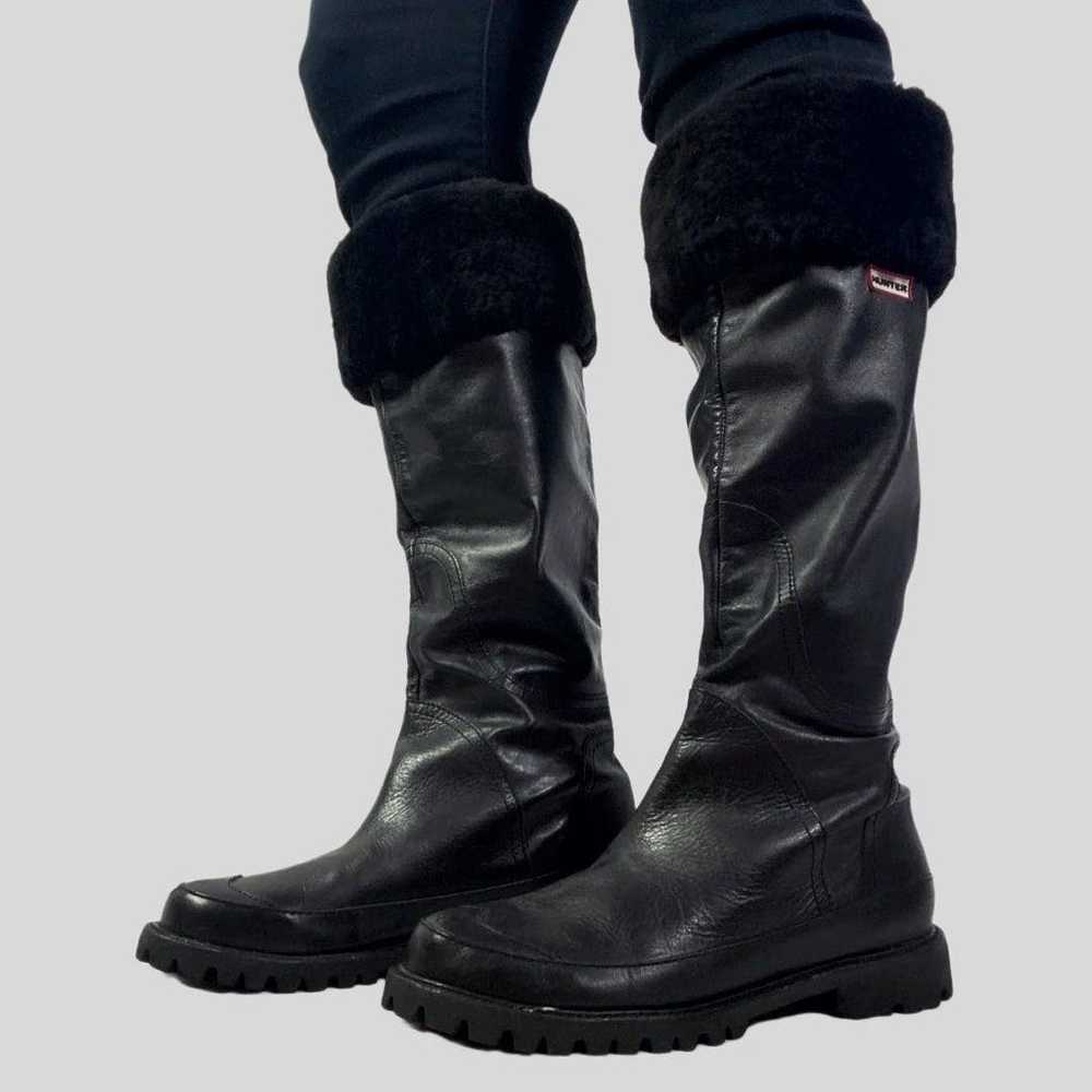 Hunter Black Steamboat Shearling Trim Tall Boots … - image 1