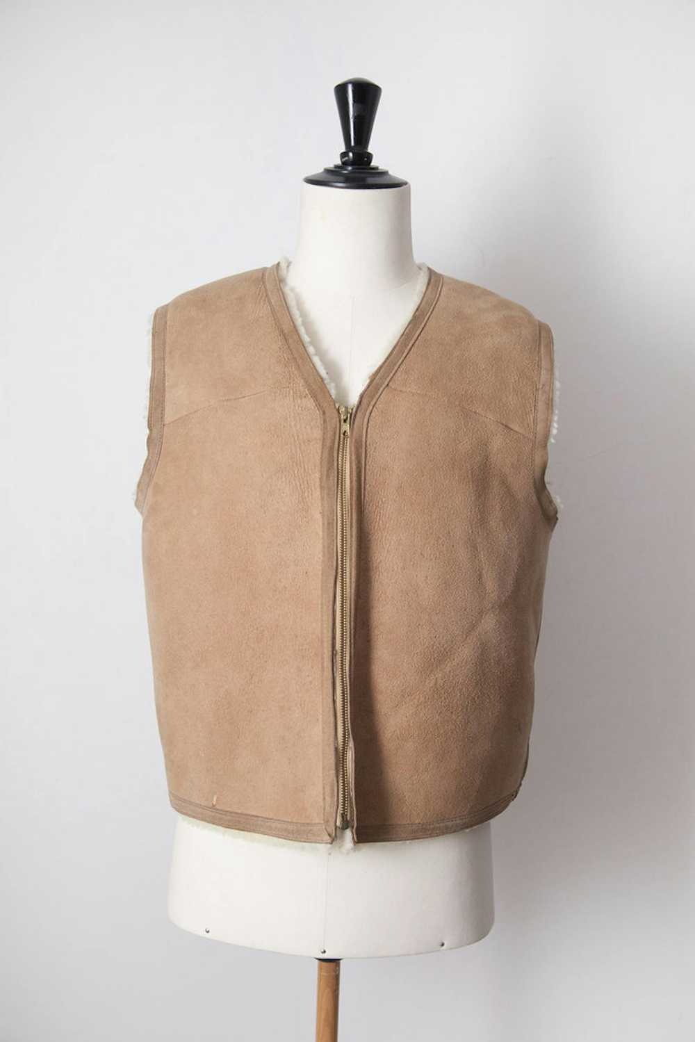 Vintage 1970's French shearling leather vest - image 1