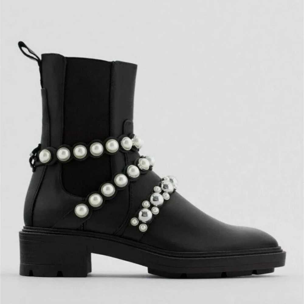 ZARA PEARL STRAPPED LOW HEEL LEATHER ANKLE BOOTS … - image 1