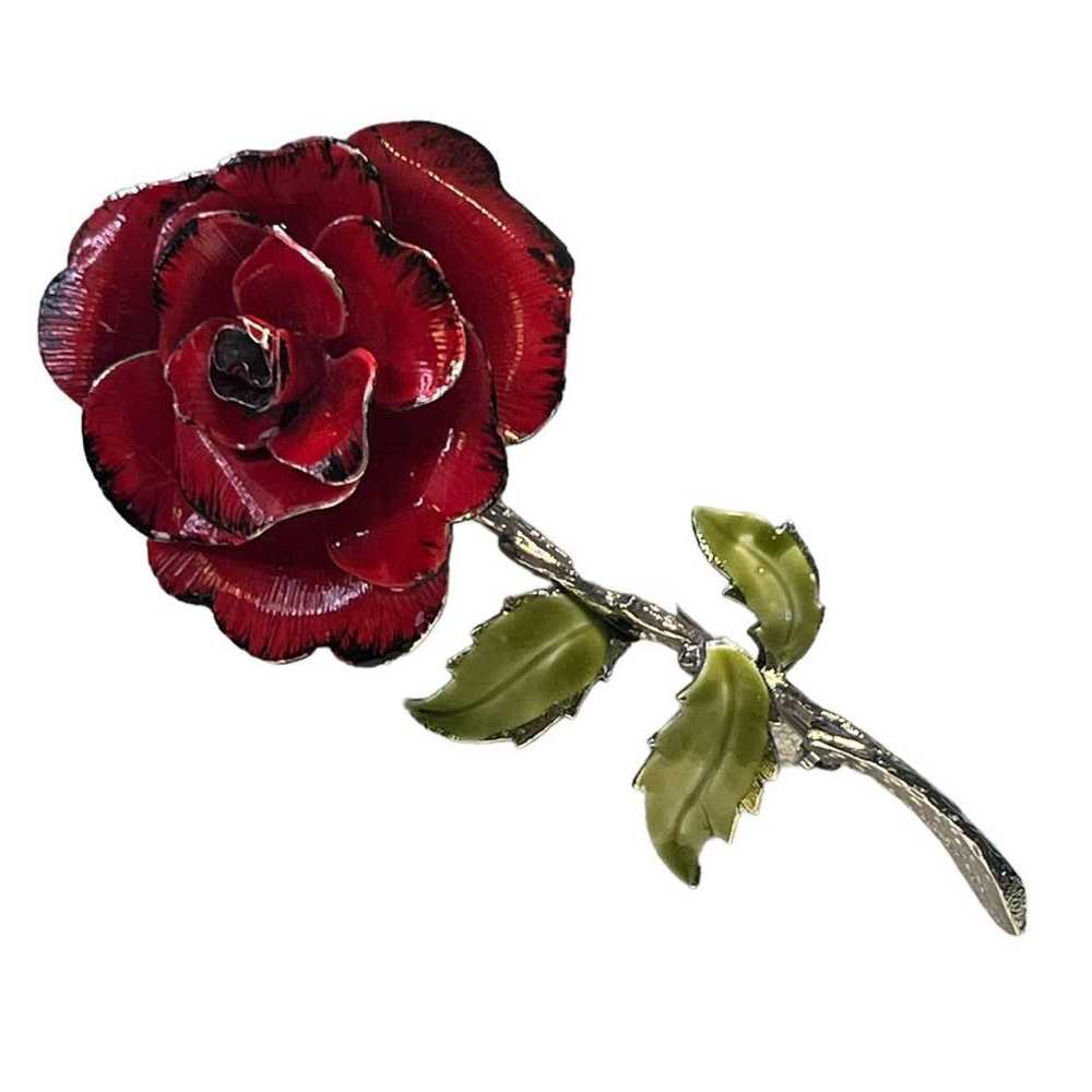 Vintage Vintage red Rose metal and enamel brooch - image 7