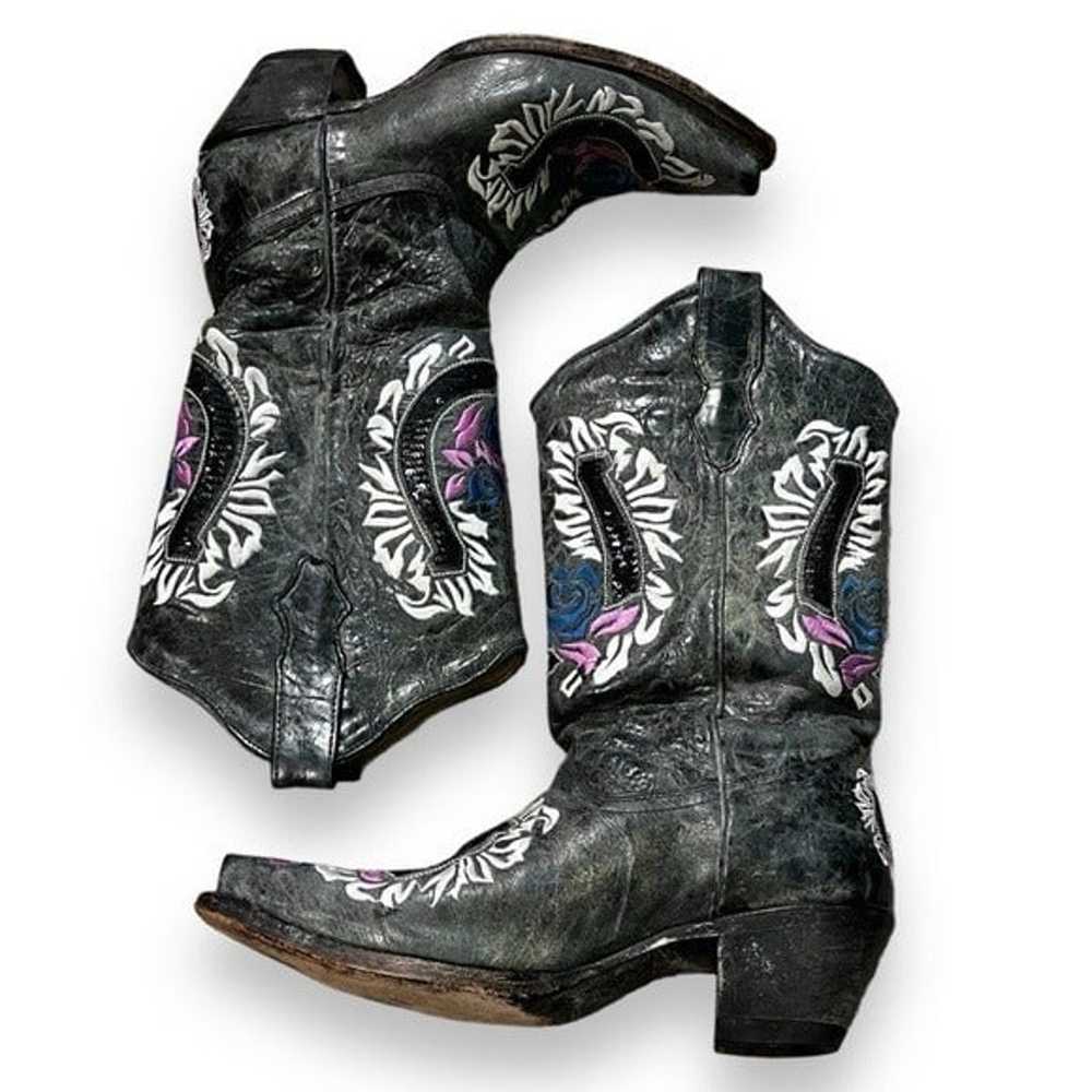 Corral Leather Cowboy Boots Floral Embroidery Seq… - image 6