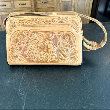 Vintage Tooled Leather Shoulder Bag Native Americ… - image 1