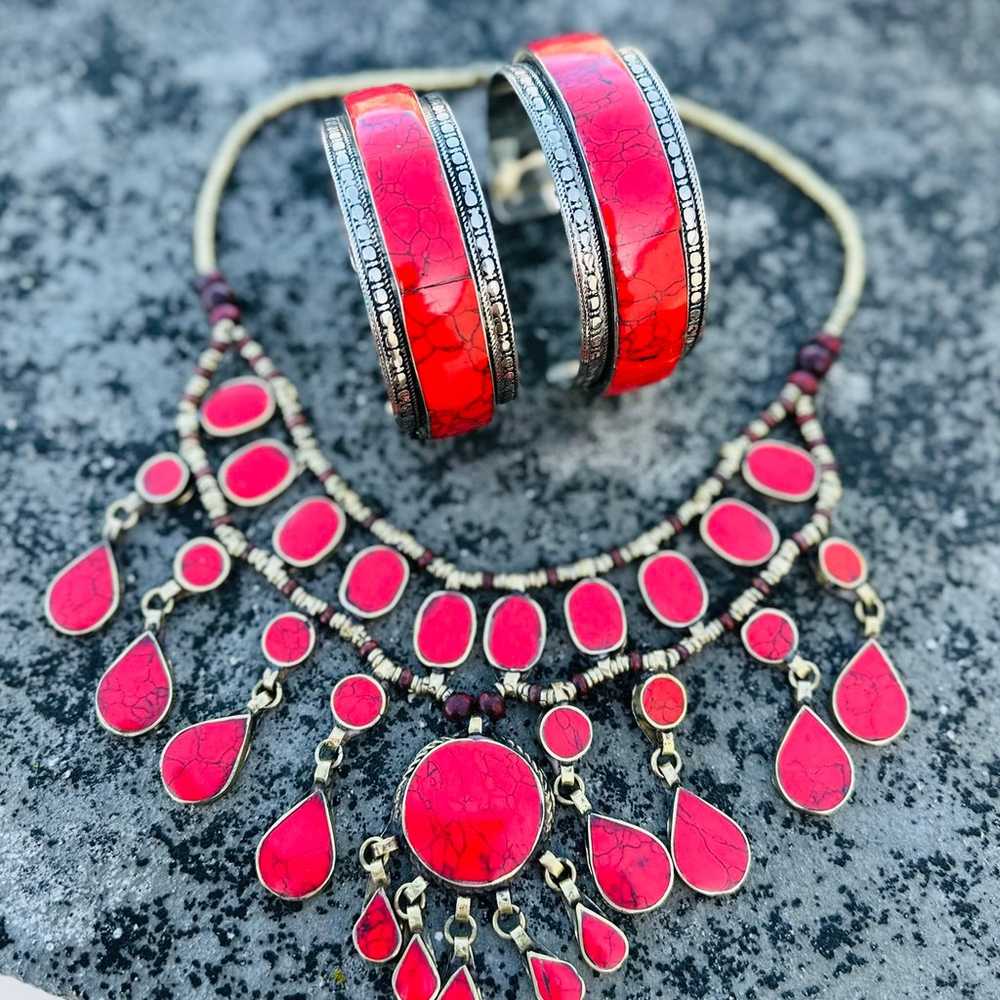 Afghan Kuchai vintage design red coral Necklace w… - image 1