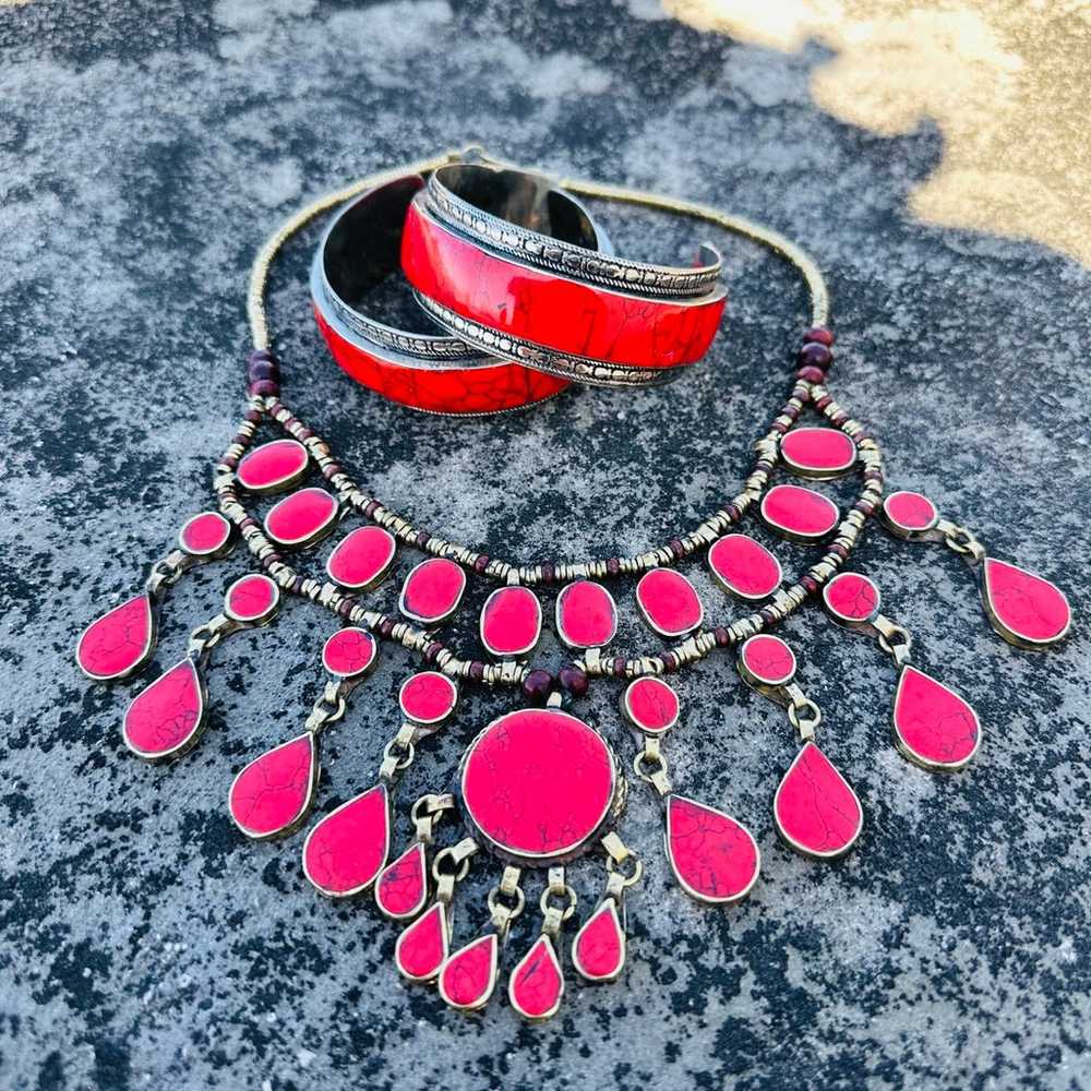 Afghan Kuchai vintage design red coral Necklace w… - image 2