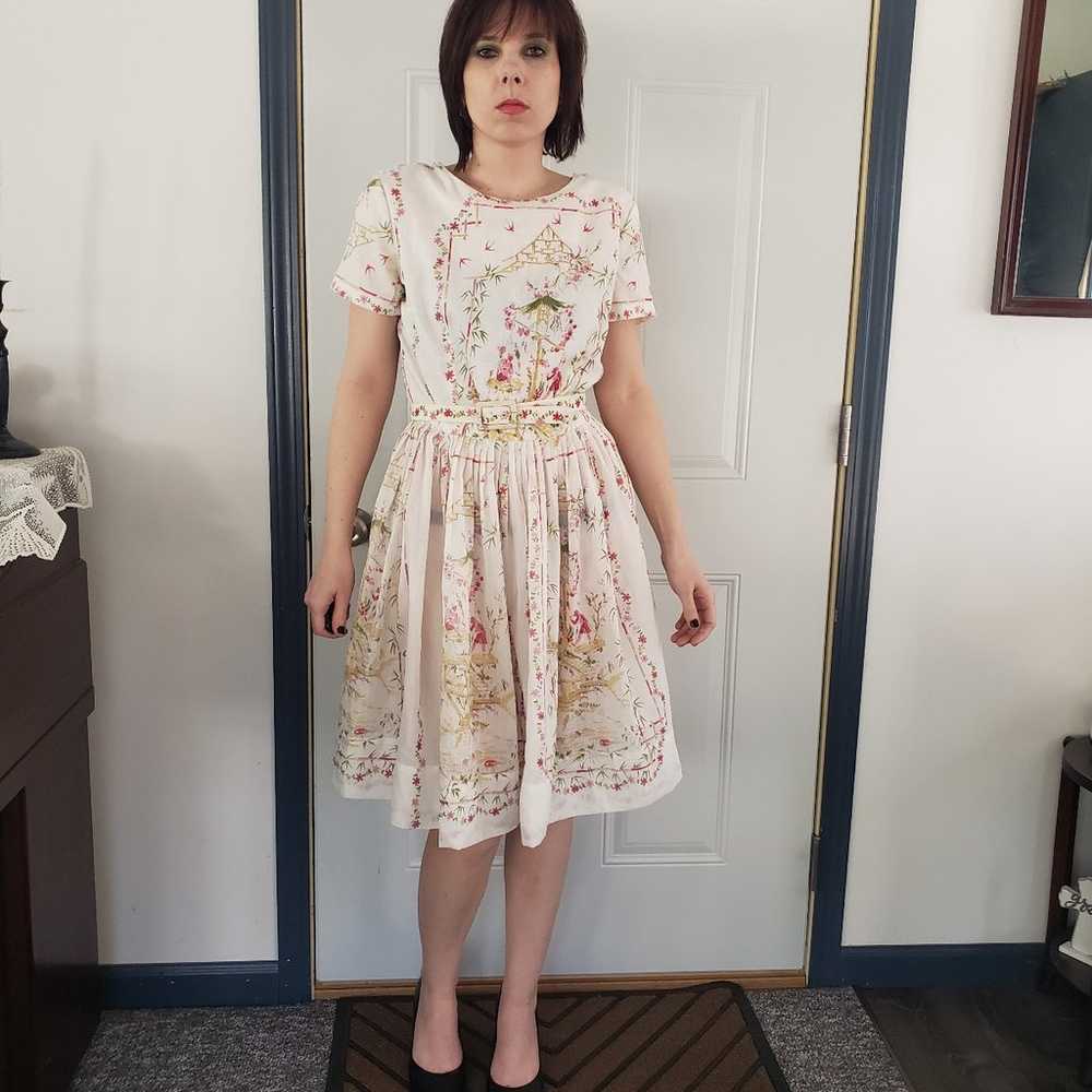 50s Novelty Print White and Pink Day Dress - image 1