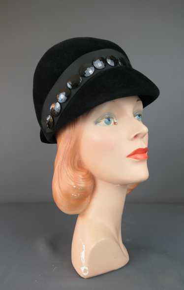 Vintage Black Plush Hat with Shiny Facet Cut Beads