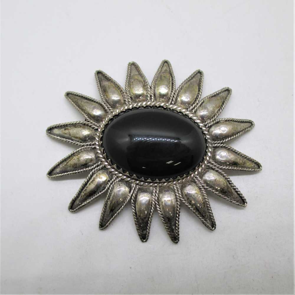 Sterling Silver Flower Black Onyx Brooch and Stud… - image 10