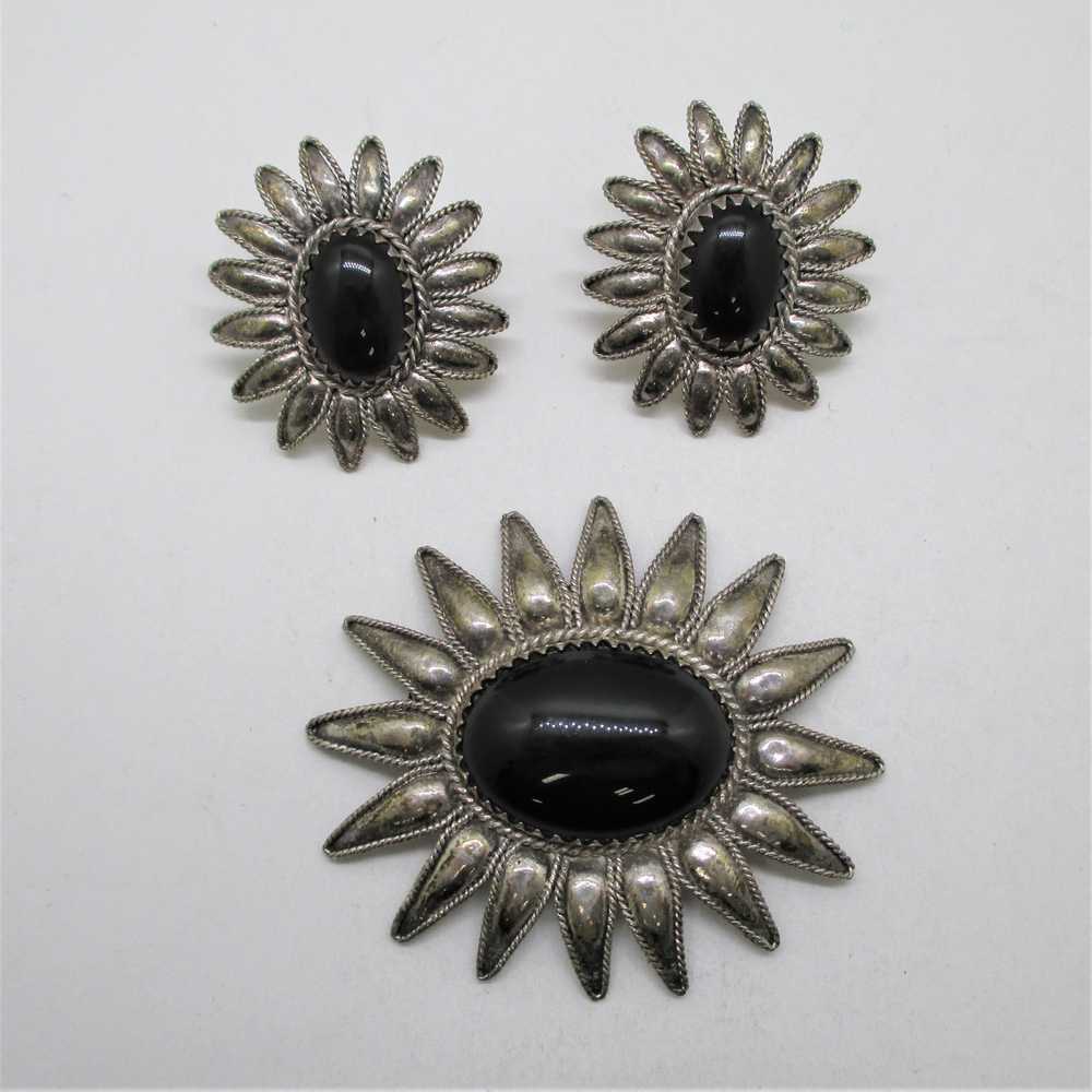 Sterling Silver Flower Black Onyx Brooch and Stud… - image 1