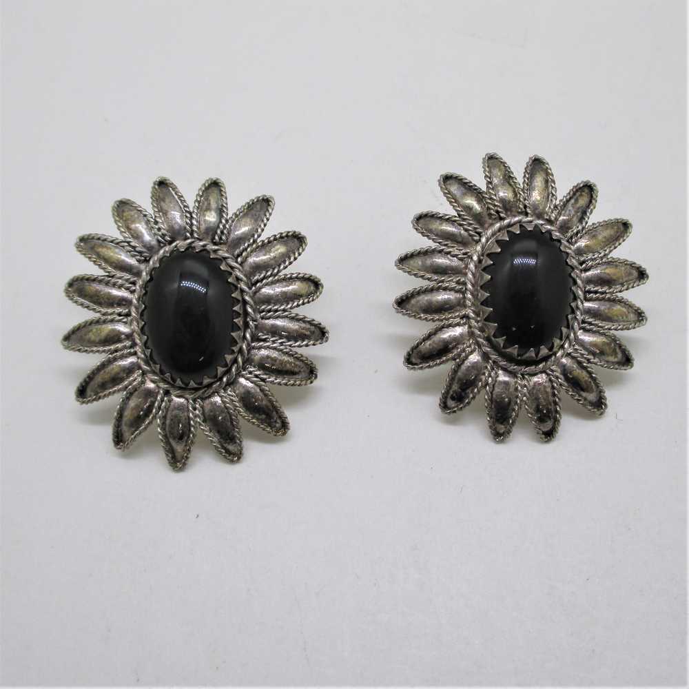 Sterling Silver Flower Black Onyx Brooch and Stud… - image 2