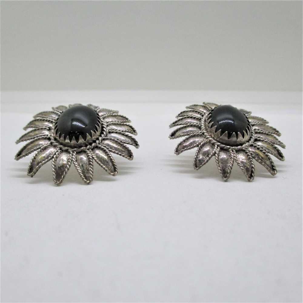 Sterling Silver Flower Black Onyx Brooch and Stud… - image 3