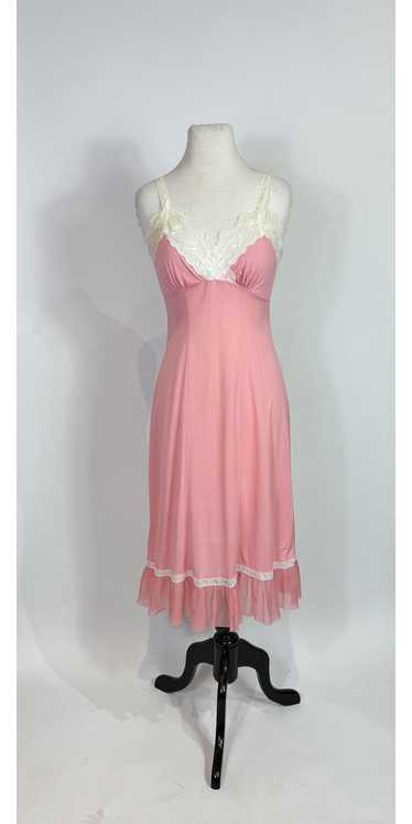 1960s Perlon Bubblegum Pink White Lace Trim Slip D