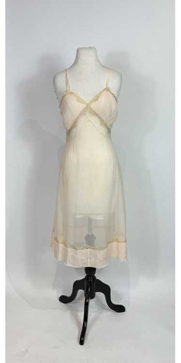 1960s Peach Sheer Pleated Lace Trim Slip Dress