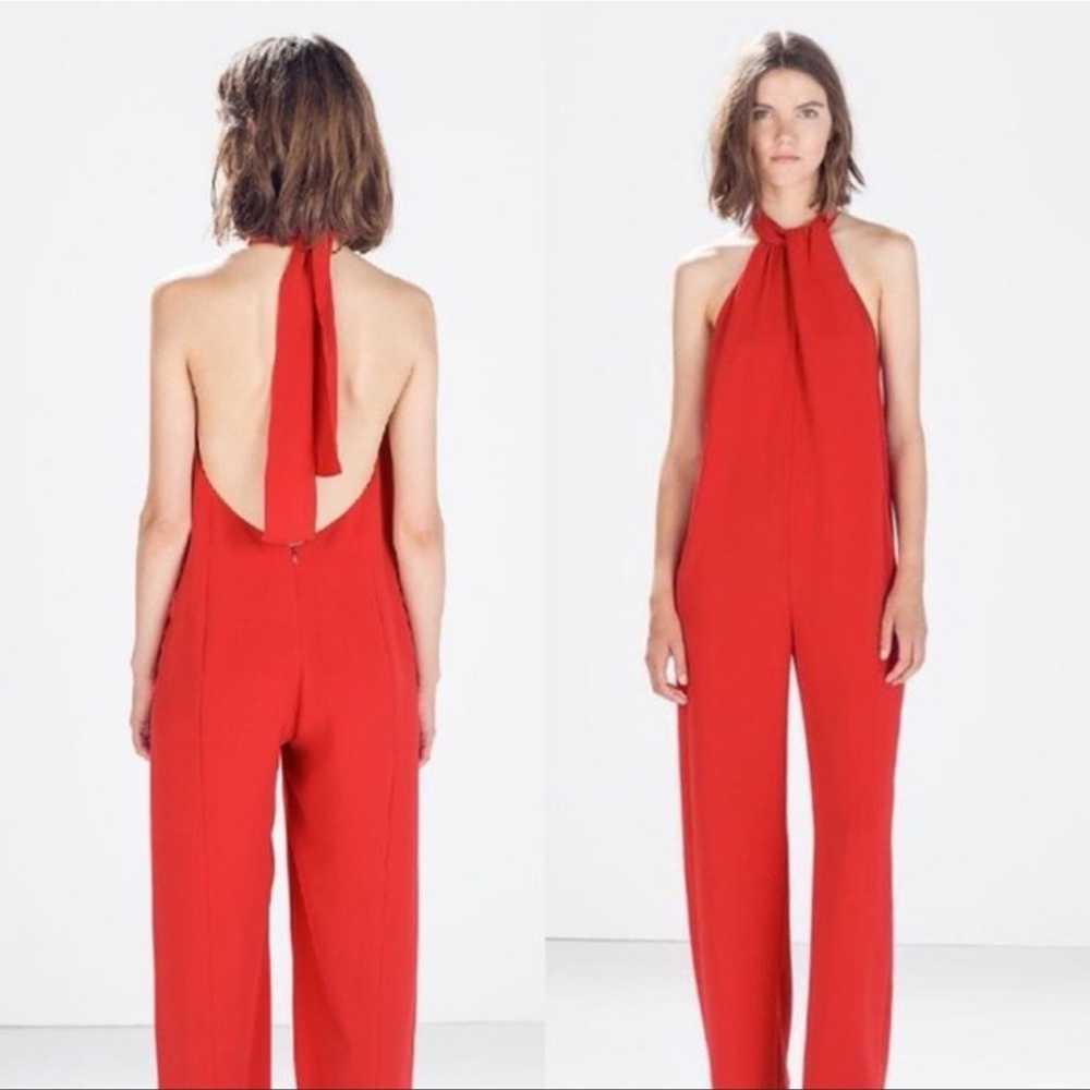 ZARA Halter Neck Jumpsuit Red Open Back Wide Leg … - image 1