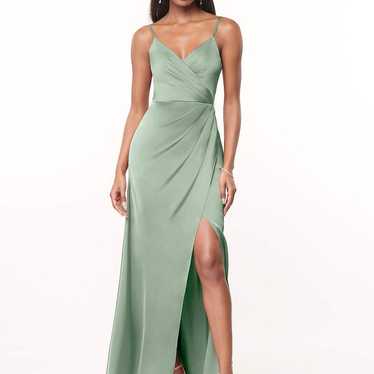 Outstanding Elegance Sage Green Satin Surplice Maxi Dress