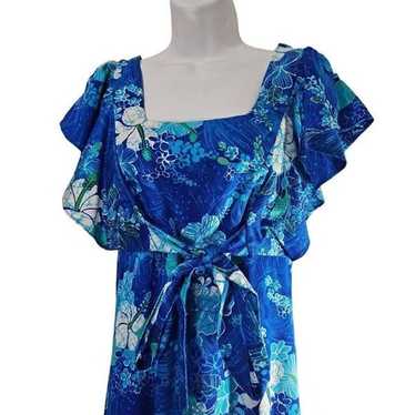 Vintage 70s Dress Womens Size S Blue Floral Belte… - image 1