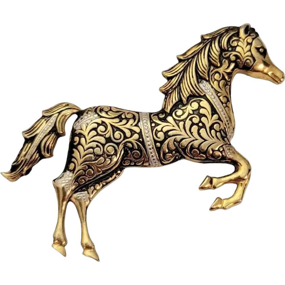 Gold Tone Toledo Ware Damascene Horse Brooch Pin … - image 1