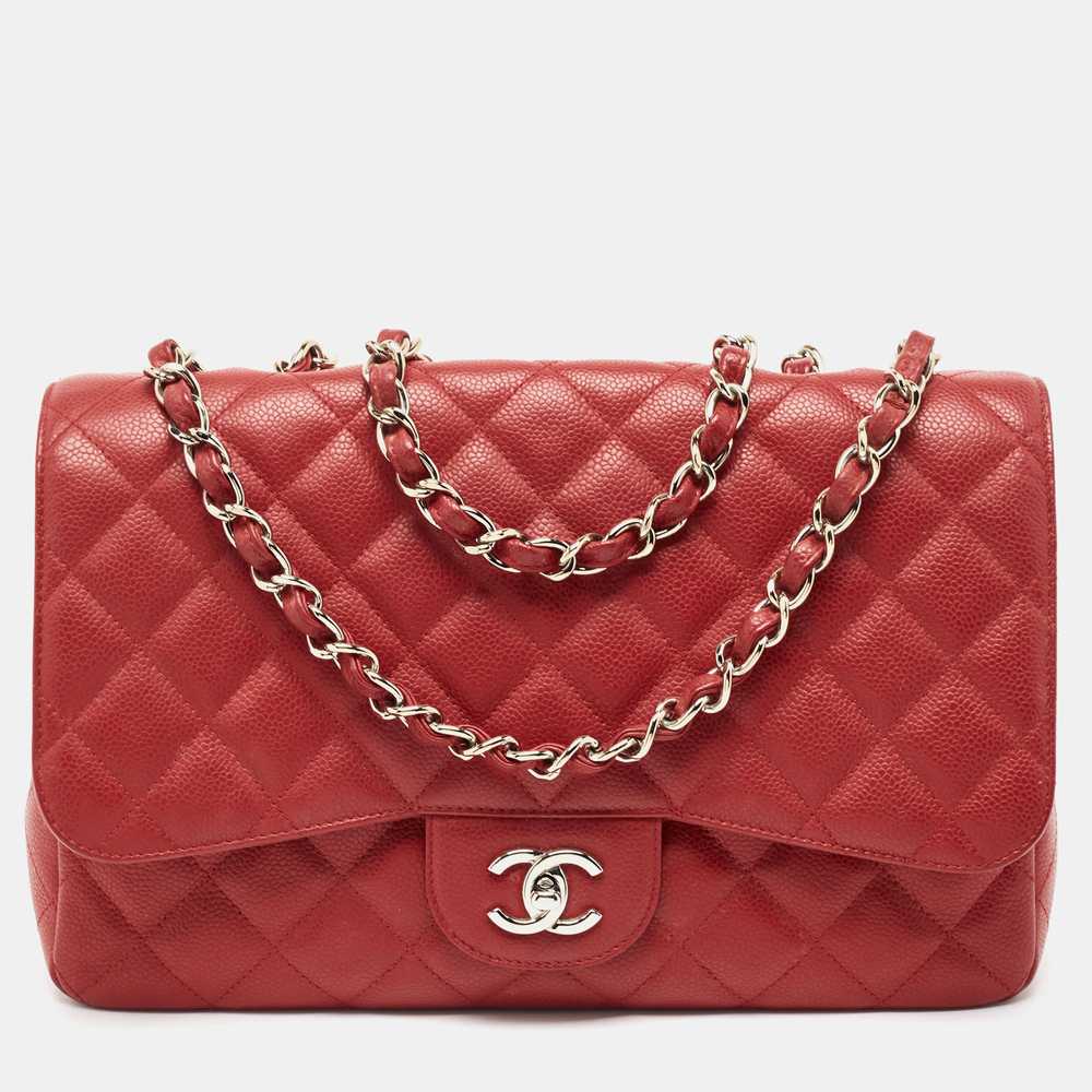 CHANEL Red Quilted Caviar Leather Jumbo Classic S… - image 1