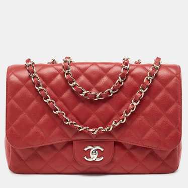 CHANEL Red Quilted Caviar Leather Jumbo Classic S… - image 1