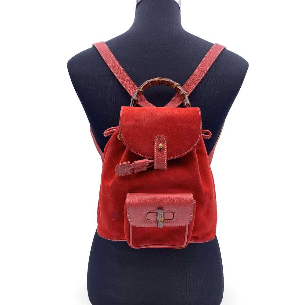 Gucci GUCCI Vintage Red Suede Bamboo Small Backpa… - image 2