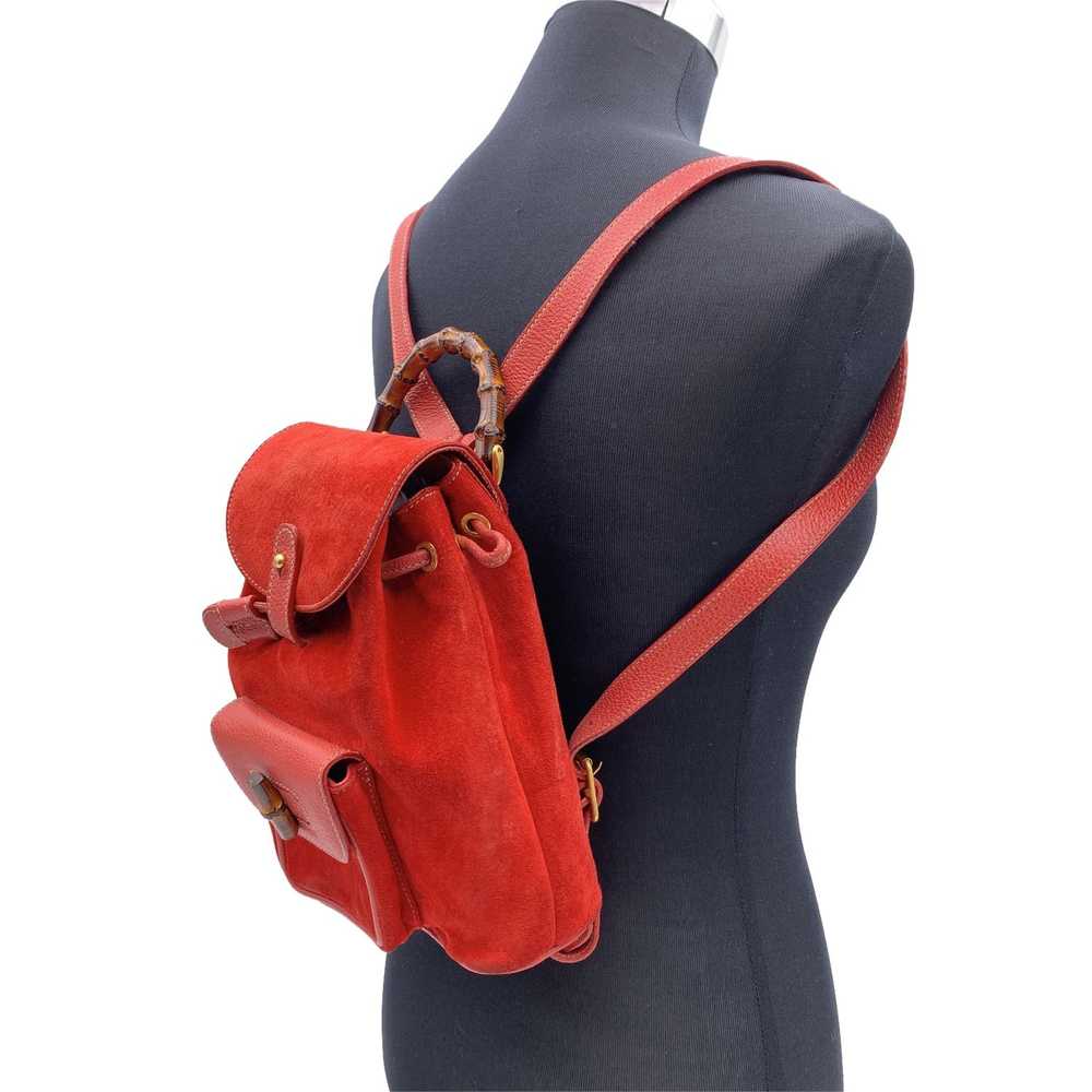 Gucci GUCCI Vintage Red Suede Bamboo Small Backpa… - image 3