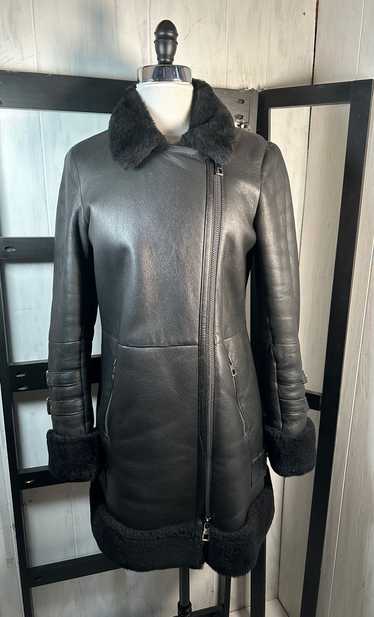 Overland Long Black Leather Shearling Bomber, Worn