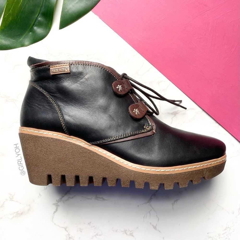 PIKOLINOS Black Maple Leather Wedge Lace up Ankle… - image 2