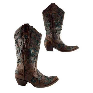 Ladies Corral Brown & Green Leather Snip Toe West… - image 1