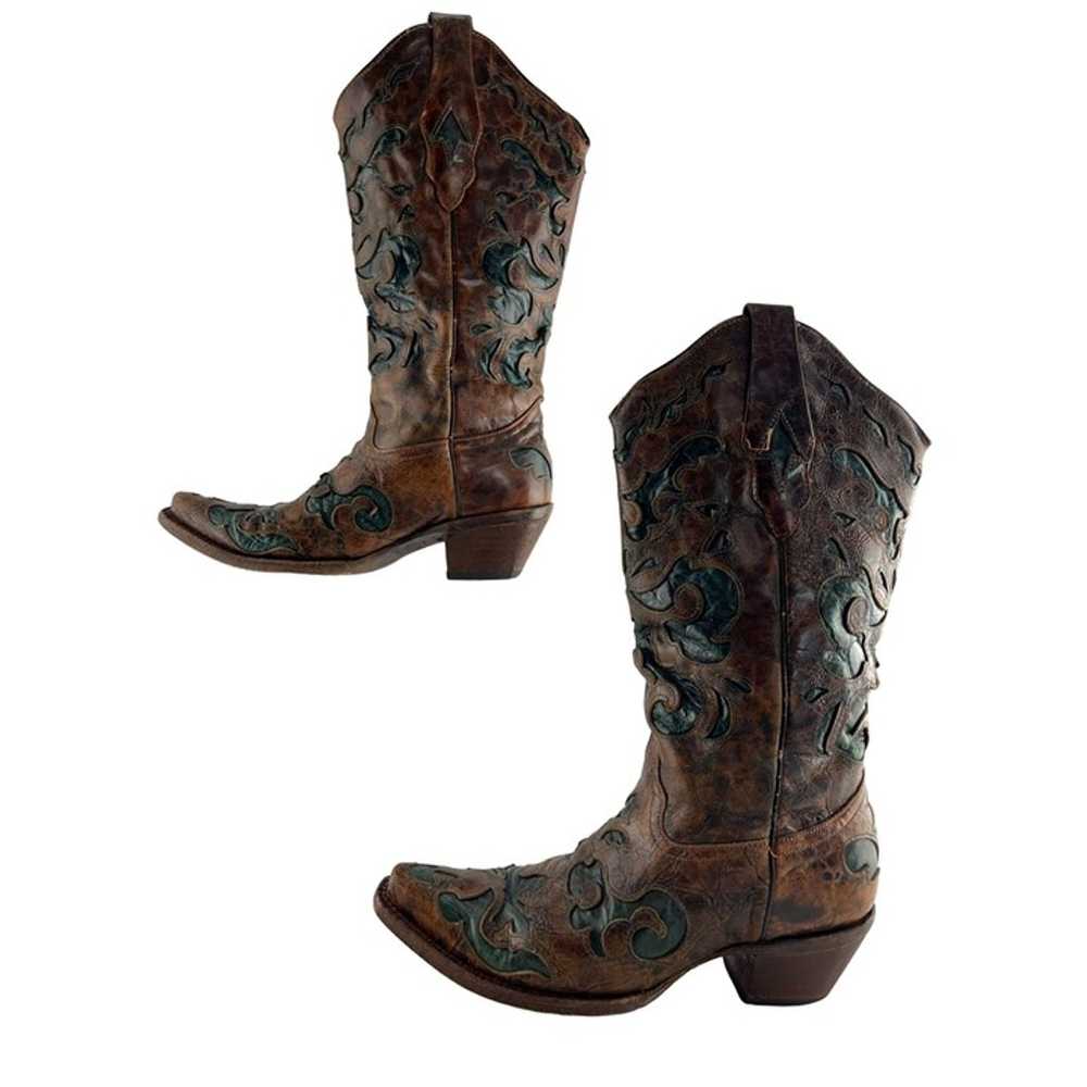 Ladies Corral Brown & Green Leather Snip Toe West… - image 2