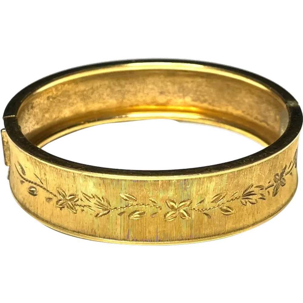 Vintage Floral Etched Gold Hinged Bracelet - image 1