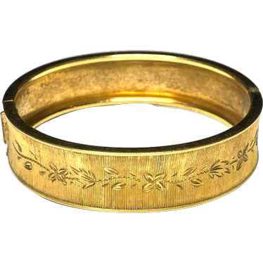 Vintage Floral Etched Gold Hinged Bracelet - image 1