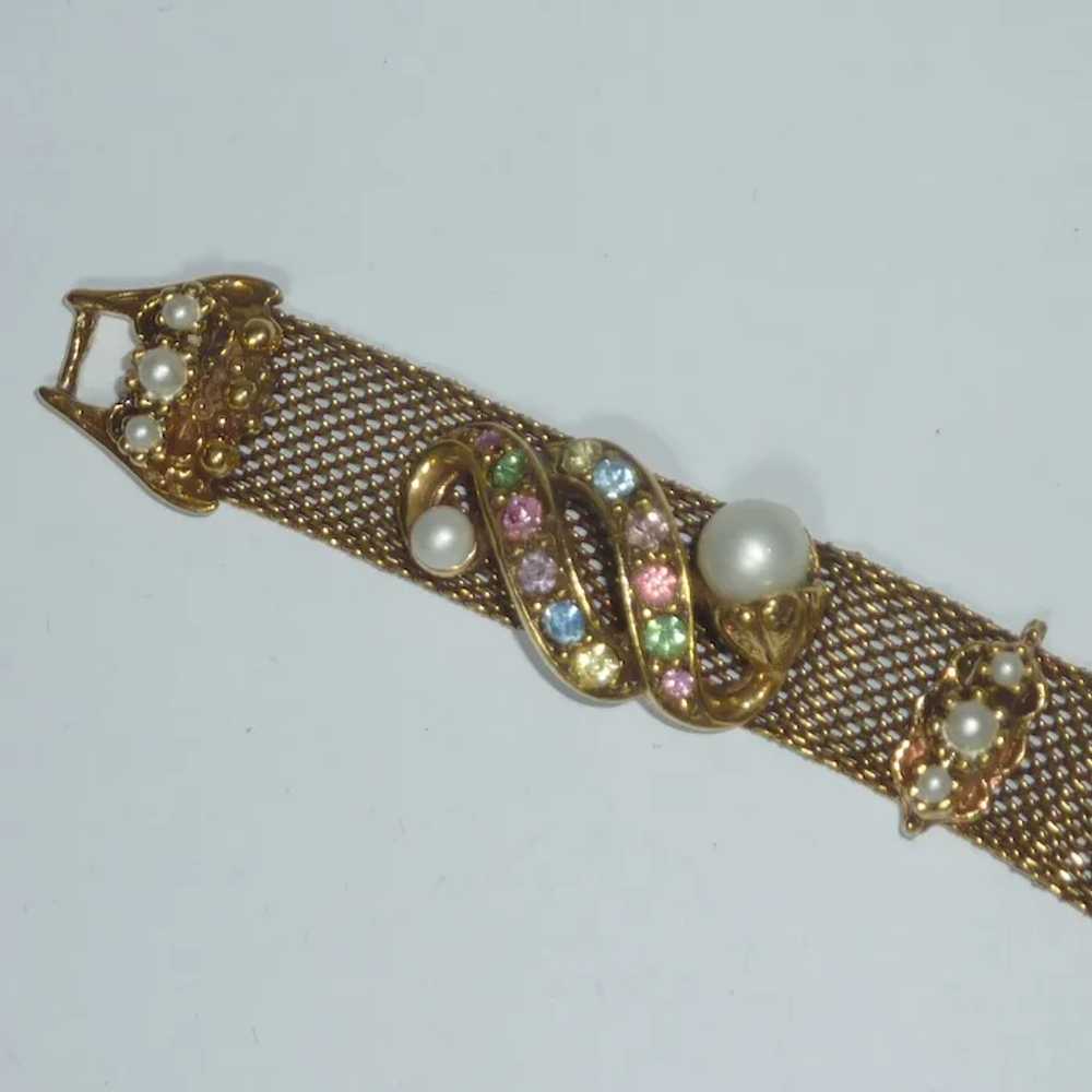 Rhinestone Faux Pearl Gold Tone Mesh Bracelet - image 2