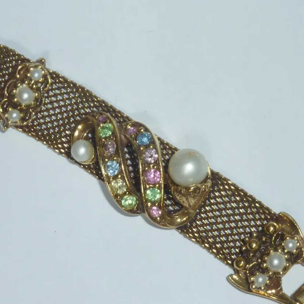 Rhinestone Faux Pearl Gold Tone Mesh Bracelet - image 3