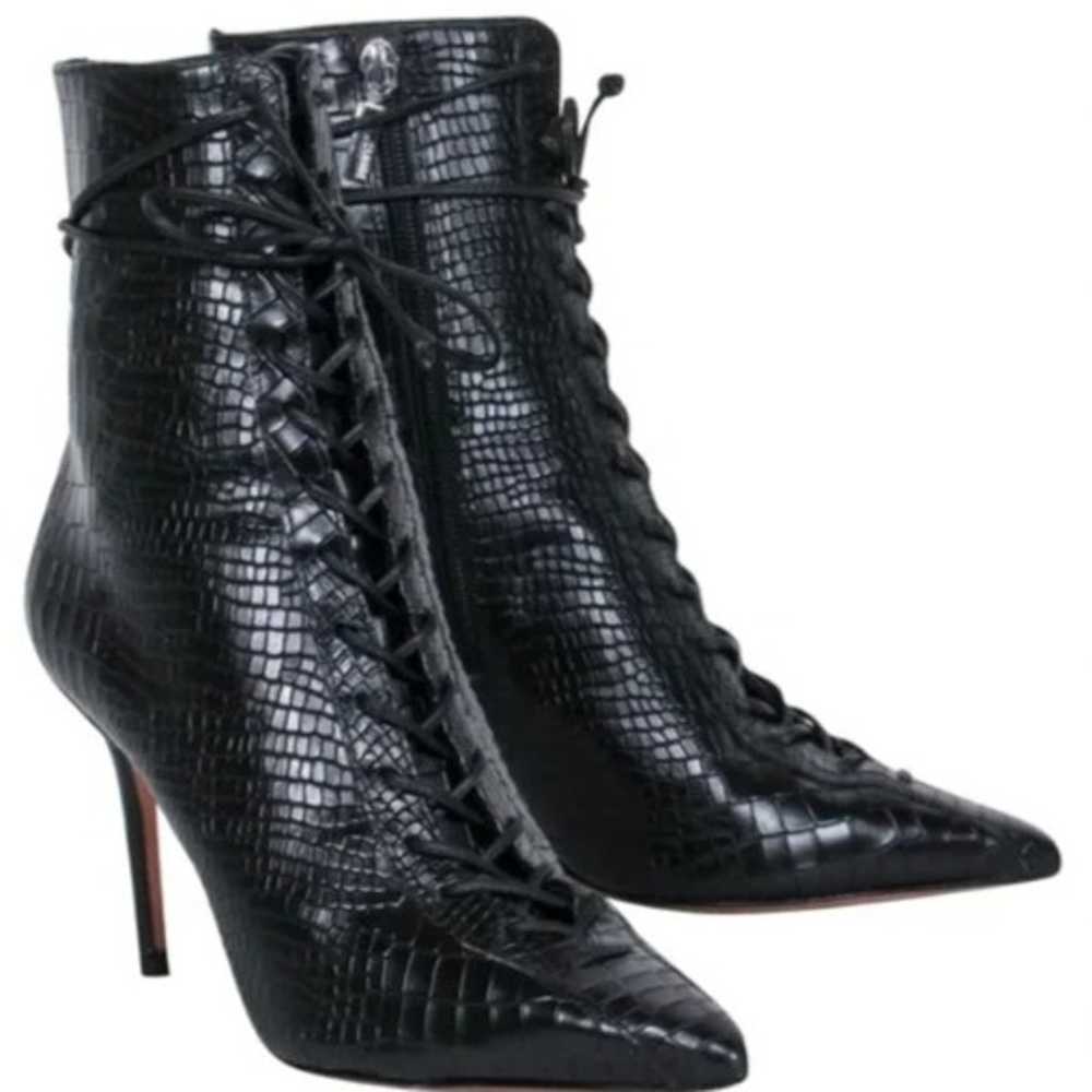 Schutz - Black Leather Reptile Embossed Lace-Up S… - image 2