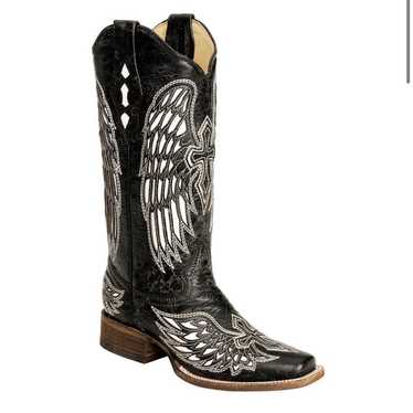 Corral Black & White Wing Cross Square Toe Women’s Leather Boots Cowboy  Western