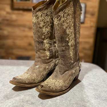 Corral brown crater boots with bone embroidery