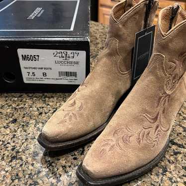 Lucchese Cowboy Sz 7.5 Tan Etched Vamp Suede Boot… - image 1