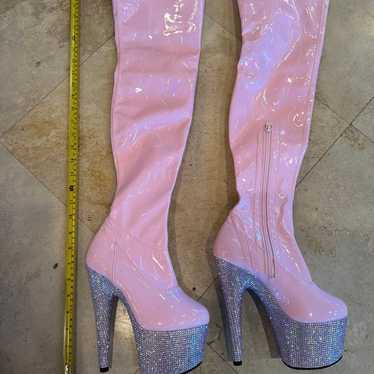 Pink Rhinestone Thigh High Pleaser Boots - image 1