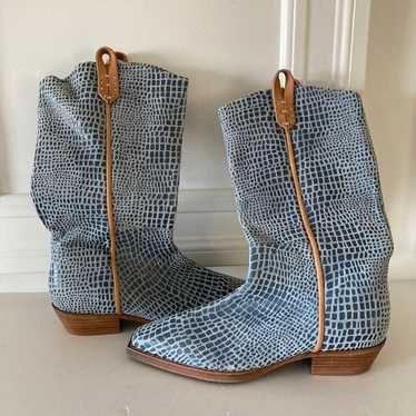 Free People We The Montage Tall Boot Western Blue Gray Croc